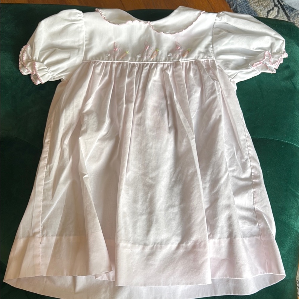 Petit Ami White Pink and White Baby Dress with Bunny Embroidery - 12 Months